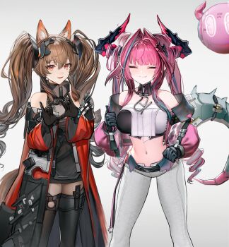 2girls :d absurdres angelina_(arknights) animal_ear_fluff animal_ears arknights arknights:_endfield bare_shoulders belt black_belt black_collar black_gloves black_thighhighs blue_hair bracelet brown_hair coat collar crop_top cropped_jacket dot_nose doyagao dress elbow_gloves fox_ears fox_girl gilberta_(arknights) gloves grey_dress hair_between_eyes hair_intakes hair_on_horn hands_on_own_hips heart heart_hands high_collar highres horns infection_monitor_(arknights) jacket jewelry long_hair long_sleeves looking_at_viewer midriff multicolored_hair multicolored_horns multiple_girls navel nopetroto off_shoulder open_clothes open_coat open_jacket open_mouth pants pink_hair pink_horns pink_jacket pointy_ears red_coat red_eyes short_dress simple_background smile smug thighhighs twintails two-tone_hair two-tone_horns unzipped white_background white_pants wide_sleeves yvonne_(arknights) zettai_ryouiki