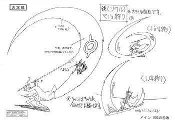 00s 1girl absurdres attack bare_legs bones_(company) reference_sheet full_body highres holding holding_weapon huge_weapon long_hair maka_albarn monochrome official_art scan scythe sequential skirt slashing soul_eater standing translation_request twintails weapon white_background