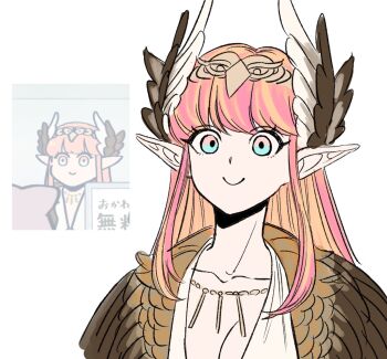 1girl aqua_eyes blonde_hair breasts circe_(fate) cleavage closed_mouth collarbone derivative_work fate/grand_order fate_(series) feather_hair_ornament feathered_wings feathers gold_hairband hair_ornament hairband highres jewelry looking_at_another looking_at_viewer multicolored_hair necklace pink_hair pointy_ears saijindan screenshot_inset screenshot_redraw smile solo two-tone_hair upper_body wings