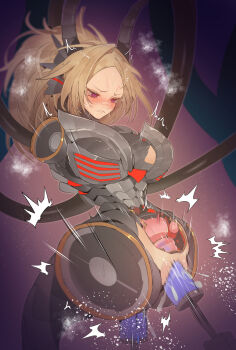 1girl absurdres amputee anal android blonde_hair damaged doomz_vii_seven_-_elara double_penetration dragon_tail duel_monster fake_horns fake_tail highres horns purple_eyes quadruple_amputee ro_g_(oowack) robot_girl tail vaginal yu-gi-oh!