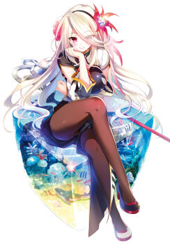 1girl asymmetrical_clothes black_footwear black_hairband black_pantyhose black_shorts blush breasts closed_mouth crossed_legs eyes_visible_through_hair female_focus flower hair_flower hair_ornament hair_over_one_eye hairband head_rest highres large_breasts long_hair pantyhose red_eyes red_flower sheath shiny_clothes shiny_legwear short_shorts short_sleeves shorts silver_hair simple_background sitting smile solo very_long_hair white_background youta zettai_ni_hatarakitakunai_dungeon_master_ga_damin_wo_musaboru_made