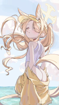 1girl animal_ear_fluff animal_ears ass blonde_hair blue_archive blue_sky breasts cloud commentary covered_navel cross_halo day fox_ears fox_girl fox_tail from_behind halo highleg highleg_one-piece_swimsuit highres horizon jacket long_hair looking_up ocean official_alternate_costume official_alternate_hairstyle one-piece_swimsuit one-piece_thong orange-tinted_eyewear orange_eyes outdoors p0nnonno seia_(blue_archive) seia_(swimsuit)_(blue_archive) side_ponytail sky small_breasts solo sunglasses swimsuit symbol-only_commentary tail tinted_eyewear visor_cap white_one-piece_swimsuit yellow_halo yellow_jacket yellow_visor