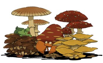 autumn_leaves bulbasaur commentary_request fly_agaric gen_1_pokemon giant_mushroom leaf mashita._(mentaiko_omoti) mushroom nintendo no_humans on_mushroom one_eye_closed parasect pokemon pokemon_(creature) red_eyes simple_background white_background
