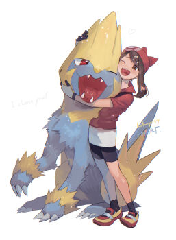 1girl ;d bandana bike_shorts black_socks blush brown_eyes brown_hair collared_shirt commentary_request gen_3_pokemon gloves heart highres kikuyoshi_(tracco) knees manectric may_(pokemon) nintendo one_eye_closed open_mouth pokemon pokemon_(creature) pokemon_rse red_bandana red_footwear red_shirt shirt shoes short_sleeves signature skirt smile socks standing teeth tongue upper_teeth_only white_background white_skirt