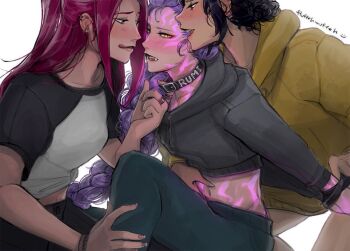 Rule 34 | 3girls, animal collar, artist name, black collar, black hair, black hoodie, black shirt, blush, bound, bound wrists, bracelet, character name, collar, collar tug, commentary, cropped hoodie, ear piercing, earrings, english commentary, fangs, fluffehhhhh, girl sandwich, hand on another's leg, hand on another's waist, hood, hoodie, jewelry, kpop demon hunters, licking lips, long hair, looking at another, midriff, mira (kpop demon hunters), multiple girls, navel, piercing, purple hair, rumi (kpop demon hunters), sandwiched, shirt, simple background, slit pupils, tag, tongue, tongue out, two-tone shirt, white background, white shirt, yellow eyes, yellow hoodie, yuri, zoey (kpop demon hunters)