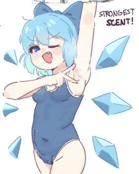 1girl 2025 arm_up armpit_focus armpits breasts cameltoe cirno embodiment_of_scarlet_devil english_text loli navel one_eye_closed otaichiichi presenting_armpit smell solo spread_armpit swimsuit touhou twitter wink