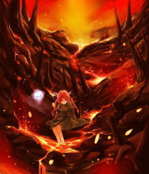 1girl animal_ears braid cake_(artist) cat_ears cat_girl cat_tail dress extra_ears female_focus fire hell highres hitodama kaenbyou_rin long_hair mochi_(konpakubing) lava pointy_ears red_eyes red_hair red_theme sitting soaking_feet solo tail touhou twin_braids twintails water