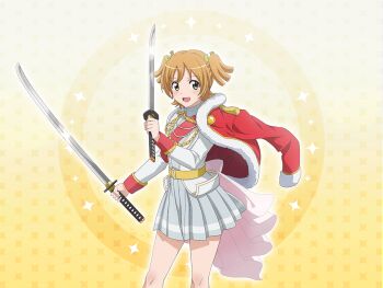 1girl daiba_nana dual_wielding game_cg grey_eyes holding holding_sword holding_weapon jacket katana long_sleeves looking_at_viewer official_art open_mouth orange_hair pleated_skirt red_jacket red_sash sash short_hair shoujo_kageki_revue_starlight shoujo_kageki_revue_starlight_-re_live- skirt solo standing sword two_side_up upper_body weapon white_jacket white_skirt