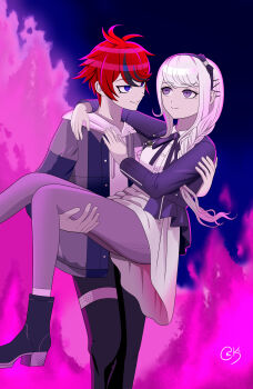 Rule 34 | absurdres, blue eyes, carrying, citrine-k, colorful, couple, fire, flirting as a couple, hetero, highres, hood, hood down, hoodie, kirifuji nozomi, pink background, princess carry, purple eyes, purple hair, red hair, skirt, sumino takumi, the hundred line -last defense academy-, white hair