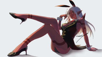 1girl animal_ears apio_chama black_leotard black_shoes body_markings bow bowtie breasts colored_skin commentary_request crossed_legs detached_collar dragon_quest dragon_quest_x fake_animal_ears grey_eyes high_heels highres horns large_breasts leotard long_hair looking_at_viewer ogre_(dq10) playboy_bunny pointy_ears rabbit_ears red_bow red_bowtie red_skin shoes shoulder_spikes signature sitting smile solo spikes tailcoat tailcoat_playboy_bunny white_background white_hair wrist_cuffs