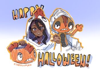 1boy artist_name basket black_hair collared_shirt colored_skin cosplay cropped_torso dark-skinned_male dark_skin dot_pupils english_text gen_5_pokemon hands_in_pockets happy_halloween highres holding holding_basket lizard mega_pokemon mega_scrafty mega_scrafty_(cosplay) mohawk naveen_(pokemon) nintendo nostrils orange_skin pants pokemon pokemon_(creature) pokemon_legends:_z-a purple_eyes red_hair sagging_pants scrafty shedding shedding_skin shirt stardaroi teeth torn_clothes torn_hood torn_pants white_hood white_pants white_shirt