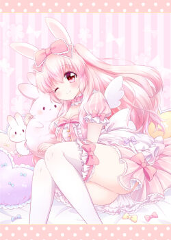1girl animal_ears blush bow breasts chiika_(cure_cherish) choker dress frilled_dress frills hair_bow highres holding large_breasts letterboxed looking_at_viewer lying one_eye_closed original pink_dress pink_eyes pink_hair puffy_short_sleeves puffy_sleeves rabbit rabbit_ears short_dress short_sleeves smile thighhighs two_side_up wings yume_kawaii zettai_ryouiki