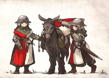 1other 2girls armor belt boots braid braided_ponytail bridle brown_footwear brown_hair donkey grass helmet highres ironlily jewelry layered_armor layered_clothes looking_at_animal looking_at_viewer multicolored_clothes multiple_belts multiple_girls necklace original saddle saddlebags scabbard sheath shield sword weapon