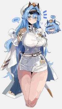 >_< 1girl absurdres belt blue_eyes blue_hair blush breasts chibi chibi_inset closed_mouth cropped_legs epaulettes gloves goddess_of_victory:_nikke grey_background hair_intakes hat helm_(nikke) highres jacket large_breasts long_hair looking_at_viewer odmised shorts spoken_blush standing sweat very_long_hair visor_cap white_belt white_gloves white_hat white_jacket white_shorts