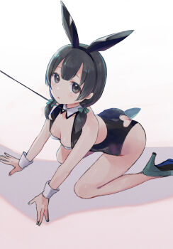 1girl animal_ears ass_cutout ayumi_(princess_connect!) ayumi_(real)_(princess_connect!) bare_shoulders black_hair black_hairband black_leotard bow breasts brown_eyes cleavage clothing_cutout fake_animal_ears green_bow green_shoes gucchiann hair_bow hairband heart_cutout high_heels highres leash leotard long_hair looking_at_viewer low_twintails medium_breasts parted_lips playboy_bunny princess_connect! rabbit_ears shoe_soles shoes solo twintails wrist_cuffs