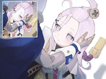 2girls absurdres ahoge aino_(genshin_impact) commentary_request crumbs genshin_impact grey_eyes hair_ornament hand_on_another's_head highres ineffa_(genshin_impact) long_hair looking_at_another mechanical_arms multiple_girls pink_hair ryo_(ryo_0x0_06) screw white_background