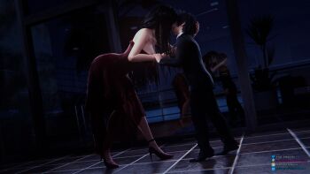 1boy 1girl 3d age_difference arched_back arm_grab bare_shoulders bent_over black_hair blender_(medium) breasts cleavage couple crossover dress final_fantasy final_fantasy_vii final_fantasy_xv flower formal_clothes french_kiss head_grab head_on_chest head_tilt height_difference hetero high_heels highres holding_each_other jewelry kiss kudarizaka large_breasts leaning_forward long_hair mirror necklace night noctis_lucis_caelum outdoors red_dress red_flower red_outfit reflection rose short_hair shota size_difference suit tifa_lockhart wide_hips