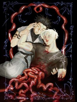 artist_name belt black_belt black_hair black_shirt blue_eyes closed_eyes disembowelment fushiguro_megumi gojou_satoru highres intestines japanese_clothes jujutsu_kaisen kimono muscular muscular_male possessed ryoumen_sukuna's_fingers ryoumen_sukuna_(jujutsu_kaisen) ryunmaii shirt short_sleeves white_hair white_kimono