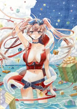 1girl absurdres arm_at_side arm_up black_collar black_nails blush breasts brown_hair christmas christmas_present closed_mouth clothes_lift cloud cloudy_sky collar collarbone commentary_request crop_top cropped_jacket dai_dai_da floating_hair fur-trimmed_hood fur-trimmed_skirt fur_trim gift gluteal_fold goggles goggles_on_head highres hood hooded_jacket jacket large_breasts light_smile long_hair looking_at_viewer marker_(medium) midriff nail_polish navel night night_sky no_bra nose_blush ocean original outdoors panties partially_unzipped red_jacket red_panties red_skirt skirt skirt_lift sky solo star_(sky) starry_sky straight-on traditional_media twintails underwear wading wind wind_lift zipper zipper_pull_tab