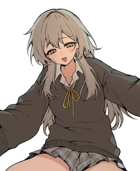 Rule 34 | 1girl, black sweater, collared shirt, commentary request, grey hair, grey skirt, hair over shoulder, highres, honkai: star rail, honkai (series), long hair, long sleeves, miniskirt, neck ribbon, pinponpaaru, plaid clothes, plaid skirt, pleated skirt, ribbon, school uniform, shirt, simple background, skirt, solo, stelle (honkai: star rail), sweater, trailblazer (honkai: star rail), white background, white shirt, yellow eyes, yellow ribbon