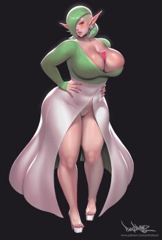 1girl artist_name black_choker blush bob_cut breasts choker cleavage cleft_of_venus collarbone cosplay dress ear_piercing earrings elf expressionless eyelashes eyeliner eyeshadow feet female_focus gardevoir gardevoir_(cosplay) gen_3_pokemon green_dress green_eyebrows green_hair grey_background hair_over_one_eye hands_on_own_hips high_heels huge_breasts jewelry latex latex_dress latex_panties latex_underwear lipstick long_sleeves makeup mascara mohawk nail_polish nintendo original panties piercing pink_eyeshadow pink_nails pink_toenails pinkdrawz platform_footwear platform_heels png_conversion pointy_ears pokemon red_eyes red_lips ring shiny_clothes shiny_skin short_hair solo tagme thick_thighs thighs two-tone_dress underwear veins veiny_breasts watermark web_address white_dress white_footwear white_panties wide_hips