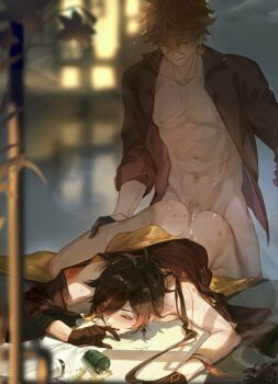 2boys abs anal bent_over bite_marks biting black_gloves black_hair blush bottomless brown_hair cum cum_in_ass disheveled doggystyle earrings biting_finger genshin_impact gloves gradient_hair half_gloves hickey highres jewelry leg_lift lip_biting long_hair male_penetrated multicolored_hair multiple_boys muscular muscular_male open_clothes open_shirt orange_hair red_hair rokuon sex sex_from_behind single_earring spill standing standing_sex tartaglia_(genshin_impact) yaoi zhongli_(genshin_impact)