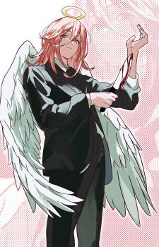 1boy absurdres androgynous angel_devil_(chainsaw_man) angel_wings black_jacket black_necktie black_pants black_suit blood bloody_knife brown_eyes brown_hair chainsaw_man closed_mouth collared_shirt cowboy_shot feathered_wings formal_clothes hair_between_eyes halo hand_up highres holding holding_knife jacket jeongbae22 knife long_hair looking_at_viewer male_focus necktie pants shirt sleeves_rolled_up solo suit suit_jacket white_shirt white_wings wings