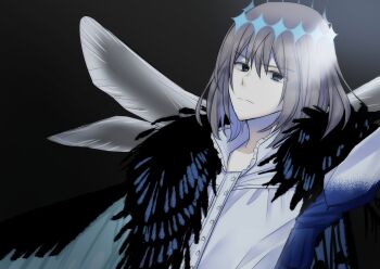 arthropod_boy character_request cloak closed_mouth commentary_request diamond_hairband dragonfly_wings fate/grand_order fate_(series) frown fur-trimmed_cloak fur_trim grey_eyes grey_hair highres insect_wings male_focus oberon_(fate) oberon_(third_ascension)_(fate) sakura_yuto shirt short_hair split_mouth upper_body white_shirt wings