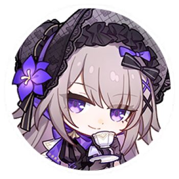black_bonnet black_dress black_ribbon bonnet border brown_hair cup dress flower hair_flower hair_ornament herta_(honkai:_star_rail) holding holding_cup honkai:_star_rail honkai_(series) looking_at_viewer lowres official_alternate_costume official_art profile_picture purple_eyes purple_flower purple_ribbon ribbon round_border teacup the_herta_(honkai:_star_rail) the_herta_(tea_break)_(honkai:_star_rail) transparent_background