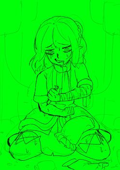 @_@ absurdres addiction bandages braid guyamaru2002 half_up_braid highres injection medium_hair mizuhashi_parsee monochrome pointy_ears scarf skirt teeth touhou yellow_theme