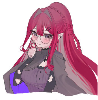 1girl baobhan_sith_(fate) baobhan_sith_(swimsuit_pretender)_(second_ascension)_(fate) blush breasts capelet fate/grand_order fate_(series) glasses grey_capelet grey_eyes hand_up hashtag-only_commentary highres long_hair looking_at_viewer mikon_(nicknqme) pink_hair pointy_ears purple_shirt round_eyewear shirt sidelocks smile solo white_background