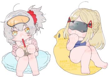 2girls alternate_costume barefoot blindfold blonde_hair blunt_bangs blush brown_eyes chibi closed_mouth drinking feet fujishima_(oimo_uma2) full_body goggles goggles_on_head hair_between_eyes long_hair looking_at_another looking_at_viewer multiple_girls side_ponytail sidelocks simple_background sitting smile soldier_11_(zenless_zone_zero) trigger_(zenless_zone_zero) white_background white_hair yuri zenless_zone_zero