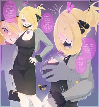 ! !! 1boy 1girl ? ?? absurdres alternate_breast_size alternate_costume bag black_bag black_dress blonde_hair blush body_control border breasts bright_pupils cleavage coin commentary covered_navel cynthia_(pokemon) dress english_text fang fur-trimmed_jacket fur_trim grabbing_another&#039;s_breast grey_jacket grin groping hair_ornament hair_stick handbag hetero highres holding holed_coin jacket jewelry kiakisart large_breasts mask mind_control mouth_mask multiple_views necklace nintendo open_clothes open_jacket pokemon pokemon_dppt purple_eyes skin_fang smile speech_bubble sweatdrop teeth thought_bubble white_pupils