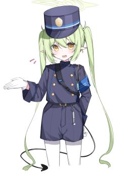 1girl arm_behind_back armband belt black_belt black_tail blue_archive blue_armband blue_hat blue_jacket blue_shorts buttons chinese_commentary commentary_request cropped_legs demon_girl demon_tail double-breasted earrings fang gloves green_hair green_halo hair_between_eyes halo hat heichuanze highres jacket jewelry long_hair long_sleeves looking_at_viewer lossy-lossless making-of_available notice_lines nozomi_(blue_archive) open_mouth pantyhose peaked_cap pointy_ears procreate_(medium) shorts sidelocks simple_background skin_fang solo tail twintails very_long_hair whistle white_background white_gloves white_pantyhose yellow_eyes