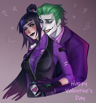 1boy 1girl batman_(series) black_hair card couple dc_comics formal_clothes gloves green_eyes green_hair highres nyurafenrisulfr punchline_(dc) purple_suit smile suit the_joker torn_clothes