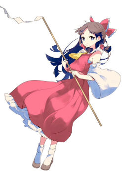 1girl ascot bare_shoulders bow brown_hair brown_shoes chest_sarashi commentary_request detached_sleeves full_body gohei hair_tubes hakurei_reimu holding holding_gohei kumateya long_hair looking_at_viewer red_bow red_shirt red_skirt sarashi shirt shoes skirt sleeveless sleeveless_shirt smile socks solo touhou white_socks yellow_ascot
