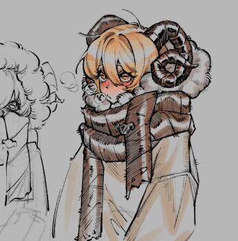 1girl blonde_hair blush breath brown_scarf coat commentary don_quixote_(project_moon) grey_background heishou_pack-mao_branch_(identity)_(project_moon) highres horizontal_pupils horns limbus_company luvlain project_moon scarf sheep_girl sheep_horns short_hair simple_background symbol-only_commentary upper_body yellow_eyes