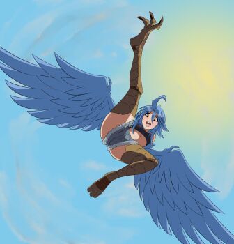 1girl absurdres ahoge bandeau bird_legs black_bandeau blue_feathers blue_hair blue_wings blush breasts claws commentary cutoffs denim denim_shorts digitigrade english_commentary feathered_wings feathers flying hair_between_eyes harpy highres monster_girl monster_musume_no_iru_nichijou navel open_mouth papi_(monster_musume) scales short_hair shorts sky small_breasts solo sun talons teeth upper_teeth_only winged_arms wings wolffsteel yellow_eyes