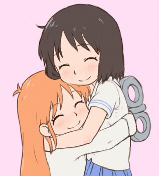 2girls ^_^ beachepisode black_hair blue_skirt closed_eyes coat hand_on_another&#039;s_back height_difference highres hug lab_coat multiple_girls nichijou orange_hair pink_background pleated_skirt professor_shinonome school_uniform shinonome_nano shirt short_hair short_sleeves skirt smile tokisadame_school_uniform white_coat white_shirt winding_key