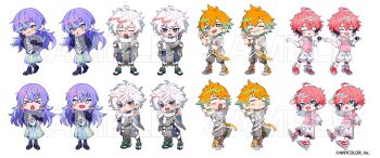 Rule 34 | 4boys, :<, :d, :o, ^ ^, absurdres, ahoge, akagi wen, akagi wen (1st costume), arm up, bandaid, bandaid on cheek, bandaid on face, bead necklace, beads, belt, black belt, black boots, black gloves, black hair, black shirt, blank eyes, blue eyes, blue hair, blue pants, blush stickers, boots, braid, brown pants, chibi, chibi only, clenched hand, clenched hands, closed eyes, collared shirt, colored tips, commentary request, copyright notice, crossed bangs, drawstring, earrings, fingerless gloves, full body, fur scarf, gloves, green eyes, green hair, grey jacket, grey robe, grin, hair between eyes, hair ornament, hakama, hakama pants, hanafuda earrings, hand on own hip, hand to own mouth, hands on own hips, haru4aki, heterochromia, highres, hood, hood down, hooded jacket, hoshirube sho, hoshirube sho (1st costume), iridescent clothes, jacket, japanese clothes, jewelry, kariginu, layered sleeves, leggings, lightning bolt, lightning bolt earrings, lightning bolt hair ornament, lightning bolt symbol, lineup, long hair, long sleeves, looking at viewer, magatama, magatama necklace, male focus, multicolored hair, multiple boys, multiple views, murakumo kagetsu, murakumo kagetsu (1st costume), necklace, nijisanji, official art, open hands, open mouth, orange eyes, orange hair, orange shoes, pants, pants under skirt, pink hair, pink sweater vest, pointing, pointing at viewer, puckered lips, purple eyes, purple hair, purple socks, red shoes, robe, sample watermark, sandals, sharp teeth, shirt, shoes, short hair, short over long sleeves, short sleeves, shorts, side braid, simple background, single earring, single glove, smile, socks, standing, streaked hair, sweater vest, tabi, teeth, usami rito, usami rito (1st costume), v-shaped eyebrows, vest, virtual youtuber, watermark, white background, white hair, white jacket, white pants, white shirt, white shorts, white socks, white vest, wide sleeves, zouri