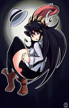 Rule 34 | 1boy, 1girl, 2018, artist name, black necktie, black panties, black thighhighs, breasts, brown shoes, chibi, city, clenched hands, collared shirt, commentary, english commentary, filia (skullgirls), full body, full moon, hat, highres, large breasts, leg up, long hair, long sleeves, midair, midriff, miniskirt, moon, navel, necktie, night, night sky, open mouth, panties, prehensile hair, red eyes, samson (skullgirls), school uniform, shirt, shoes, skelucto, skirt, skullgirls, sky, sleeve cuffs, teeth, thick thighs, thighhighs, thighs, underwear, unworn hat, unworn headwear, upper teeth only, white shirt