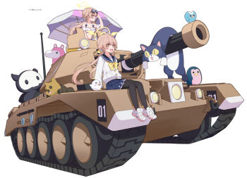 1girl angry_adelie_(blue_archive) beach_umbrella big_brother_(blue_archive) bikini black_pantyhose blue_archive blue_sailor_collar blue_skirt brown_eyes cardigan commentary_request eyewear_on_head halo hifumi_(blue_archive) hifumi_(swimsuit)_(blue_archive) highres long_hair long_sleeves low_twintails military_vehicle miniskirt motor_vehicle mr._nicholai_(blue_archive) open_mouth pantyhose peroro_(blue_archive) pleated_skirt round_eyewear ruffle_bikini sailor_collar shoes simple_background sitting skirt skullman_(blue_archive) sneakers stuffed_toy sunglasses swimsuit tank teeth twintails umbrella upper_teeth_only wavecat_(blue_archive) white_background white_bikini white_cardigan white_shoes yellow_eyes yellow_halo zundamochi_(sera)