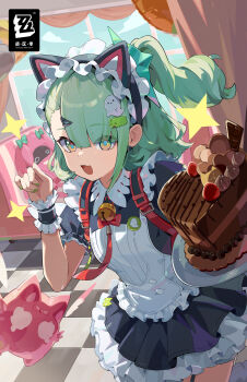 Rule 34 | 1girl, absurdres, animal ear hairband, animal ears, apron, bangboo (zenless zone zero), black dress, breasts, cake, cat ear hairband, cat ears, chinese commentary, chocolate cake, commentary request, dress, fake animal ears, food, frilled apron, frilled dress, frills, garter straps, green hair, hairband, hand up, heart, heart-shaped cake, heart-shaped food, high ponytail, highres, logo, maid, maid apron, maid headdress, medium hair, official alternate costume, official art, paw pose, ponytail, puffy short sleeves, puffy sleeves, short dress, short sleeves, small breasts, sunna (afternoon tea break) (zenless zone zero), sunna (zenless zone zero), unconventional maid, zenless zone zero