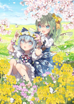 2girls :d :o bare_legs barefoot bloomers blue_bow blue_dress blue_eyes blue_hair blush bow bracelet bug butterfly cherry_blossoms cirno commentary daiyousei detached_wings dress fairy fairy_wings falling_petals field fingernails flower flower_bracelet flower_field flower_ring frilled_sleeves frills green_hair hair_bow head_wreath highres ice ice_wings insect jewelry long_sleeves multiple_girls multiple_wings neck_ribbon one_side_up open_mouth outdoors petals puffy_long_sleeves puffy_short_sleeves puffy_sleeves red_ribbon ribbon shirt short_sleeves sitting smile spring_(season) teeth touhou toutenkou underwear upper_teeth_only white_bloomers white_butterfly white_shirt wings yellow_bow