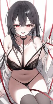 1girl absurdres armpit_crease bare_shoulders black_bra black_hair black_panties bra bra_pull breasts bright_pupils chimyo clothes_pull colored_inner_hair commission gluteal_fold grey_thighhighs grin highres large_breasts lingerie long_hair looking_at_viewer mole mole_on_thigh mole_under_eye multi-strapped_bra multicolored_hair navel off_shoulder original panties pulling_own_clothes red_eyes red_ribbon ribbon rie_(mirae_yang) second-party_source shirt sitting skindentation smile solo stomach strap_pull string_panties thighhighs thighs underwear very_long_hair white_shirt