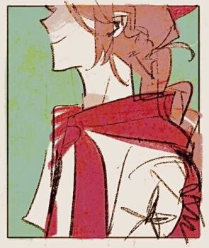 1boy border braid classicaloid closed_mouth faceless faceless_male from_side green_background hat head_out_of_frame jacket_around_neck long_hair male_focus shirt short_sleeves smile solo upper_body vous_allez_beaux_reve white_border white_shirt wolfgang_amadeus_mozart_(classicaloid)