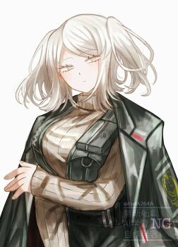 1girl alternate_hairstyle black_jacket breasts closed_mouth commentary_request eyelashes faust_(project_moon) grey_sweater highres jacket large_breasts lcb_uniform_(project_moon) limbus_company medium_hair open_clothes open_jacket project_moon rug_(yurari606) simple_background solo standing sweater watermark white_background white_hair