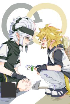 Rule 34 | 2boys, :d, absurdres, ahoge, aotu world, backpack, backpack basket, bag, belt, black gloves, black headband, black sclera, black shirt, black shoes, black shorts, blonde hair, blue eyes, blush, chinese commentary, colored sclera, facial mark, fang, fingerless gloves, flower, from side, gloves, grey pants, hair tubes, headband, highres, holding, holding flower, hood, hood down, hoodie, jewelry, king (aotu world), looking at another, male focus, multicolored hoodie, multiple boys, necklace, open mouth, palos (aotu world), pants, parted lips, pendant, pickaxe, pointy ears, pokemon68872, profile, shirt, shoes, short hair, short sleeves, shorts, simple background, sitting, smile, sneakers, squatting, vest, white background, white flower, white hair, white hoodie, yaoi, yellow belt, yellow eyes