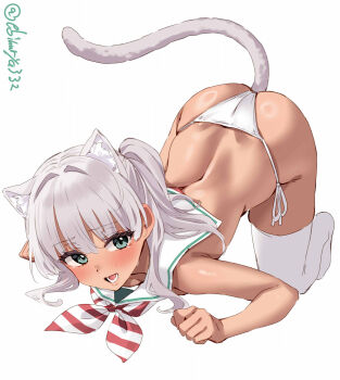 1girl anal_beads anal_tail animal_ear_fluff animal_ears ass bikini blush breasts butt_plug cat_ears cat_girl cat_tail commentary_request ebifurya fake_tail full_body grey_eyes grey_hair hair_intakes highres kantai_collection kemonomimi_mode long_hair looking_at_viewer maestrale_(kancolle) no_shoes one-hour_drawing_challenge open_mouth sailor_collar side-tie_bikini_bottom simple_background small_breasts solo sweat swimsuit tail thighhighs top-down_bottom-up twitter_username white_background white_bikini white_sailor_collar white_thighhighs