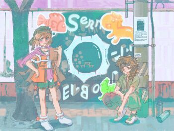 2others :o against_object androgynous arm_on_knee asymmetrical_hair baggy_pants bandana bare_arms bare_legs belt belt_buckle black_bandana black_belt black_cape black_headband black_socks blue_eyes book brooch brown_eyes brown_hair brown_pants buckle cape caution_tape choker cine_hamal coat collared_coat dot_nose expressionless eye_brooch eye_of_senri fish full_body graffiti green_coat green_shorts hair_between_eyes hair_over_shoulder hand_on_own_hip headband highres holding holding_book horse jacket jewelry knees kurohebi kuzu_suzumi lamppost len&#039;en light_blush long_hair merry_765 messy_hair multiple_others multiple_torii open_book open_clothes open_coat open_jacket orange_jacket other_focus outdoors pants parent_and_child parted_lips pocket poster_(object) purple_scarf purple_shirt purple_sky red_ribbon ribbon ribbon-trimmed_shorts ribbon-trimmed_socks ribbon_legwear ribbon_trim scarf shirt shoes short_hair short_sleeves shorts sky sleeveless sleeveless_jacket sleeveless_shirt smile sneakers socks spray_can squatting standing torii tree turban two-tone_shirt white_choker white_shirt white_shoes white_socks